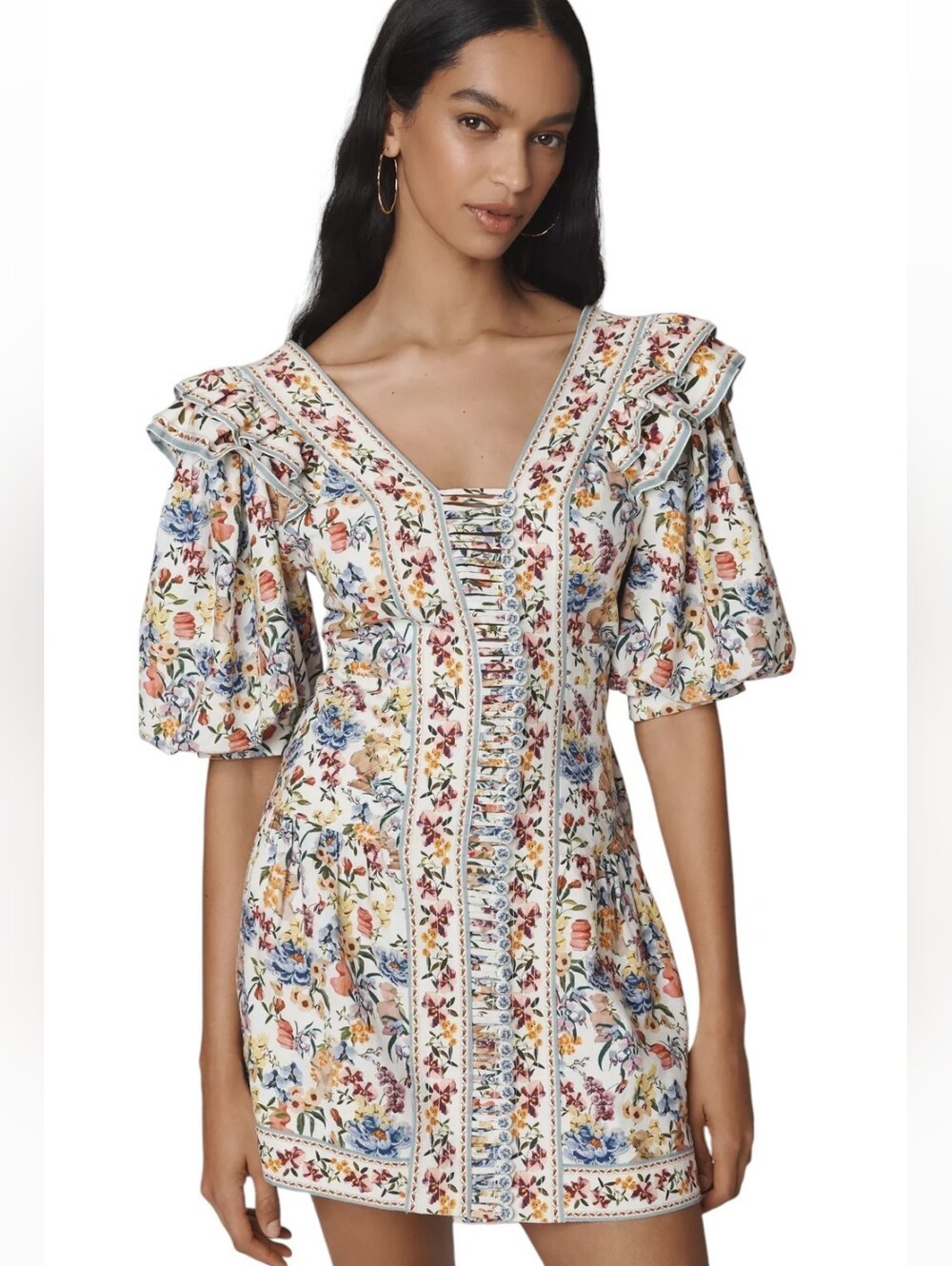 NWT! Farm Rio Greek Garden Linen Blend Short-Sleeve V-Neck Mini Dress